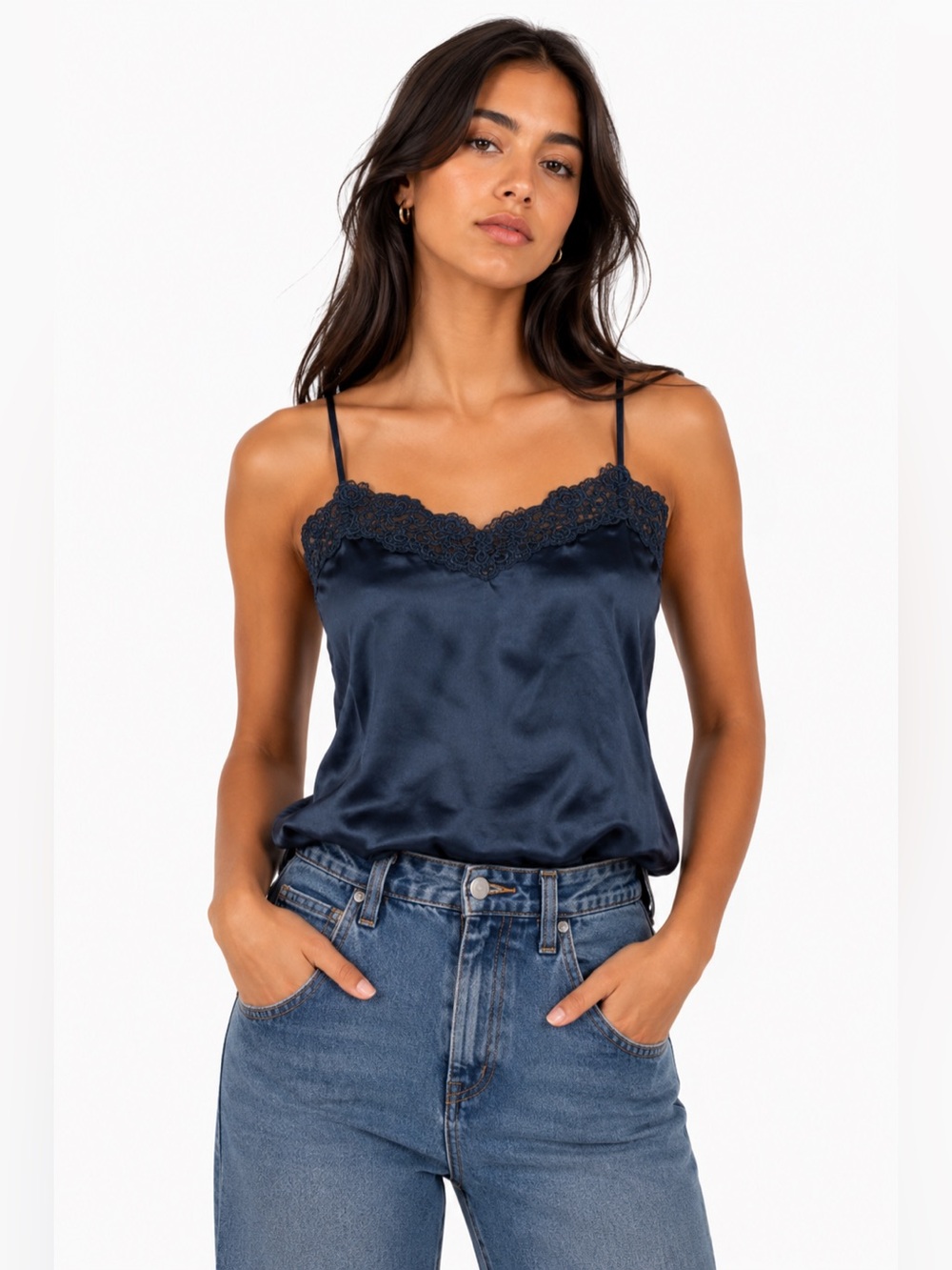 90s European Vintage 100% Silk Lace Embroidered Trim Cami Top (Navy) Size M/L